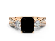 3 Stone Engagement Ring Setting for Fancy Black Radiant Cut Center with Pave Split Shank and Prong Head in Rose Gold