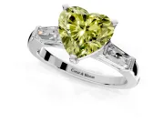 3 Stone Engagement Ring Setting for Fancy Yellow Heart-Shaped Center with Tapered Baguettes, Plain Band and Prong Head in Platinum