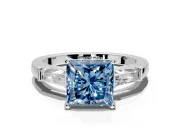 3 Stone Engagement Ring Setting for Fancy Blue Princess Cut Center with Tapered Baguettes, Plain Band and Prong Head in White Gold