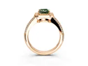Milgrain Halo Engagement Ring Setting for Fancy Green Radiant Cut Center with Three-Sided Pave Band and Prong Head in Rose Gold