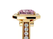 Halo Engagement Ring Setting for Fancy Pink Radiant Cut Center with Outer Bezel Rim, Pave Band and Prong Head in Yellow Gold