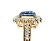 Halo Engagement Ring Setting for Fancy Blue Asscher Cut Center with Milgrain Channel Band and Prong Head in Yellow Gold