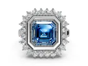 Halo Engagement Ring Setting for Fancy Blue Asscher Cut Center with Milgrain Bezel Rim, Plain Band and Prong Head in Sterling Silver