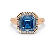 Halo Engagement Ring Setting for Fancy Blue Asscher Cut Center with Knife Ridge Cathedral Band and Prong Head in Rose Gold