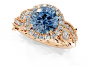 Milgrain Halo Engagement Ring Setting for Fancy Blue Round Cut Center with Shoulder Bezels and Prong Head in Rose Gold