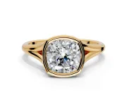 Solitaire Engagement Ring Setting for Cushion Cut Center with V Split Shank and Bezel Head in Yellow Gold