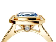 Halo Engagement Ring Setting for Fancy Blue Asscher Cut Center with Milgrain Pave Band and Bezel Head in Yellow Gold