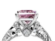 Solitaire Engagement Ring Setting for Fancy Pink Princess Cut Center with Filigree Accent Basket and Prong Head in White Gold