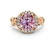 Halo Engagement Ring Setting for Fancy Pink Round Cut Center with Open Scroll Shoulders and Prong Head in Rose Gold