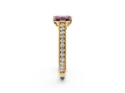 Solitaire Engagement Ring Setting for Fancy Pink Emerald Cut Center with Engraved Pave Band and Prong Head in Yellow Gold