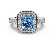Milgrain Halo Engagement Ring Setting for Fancy Blue Radiant Cut Center with Pave Band and Prong Head in White Gold