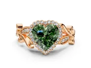 Halo Engagement Ring Setting for Fancy Green Heart-Shaped Center with Leaf Motif Split Shank and Prong Head in Rose Gold