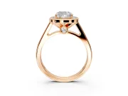 Halo Engagement Ring Setting for Cushion Cut Center with Outer Bezel Rim, Pave Band and Prong Head in Rose Gold