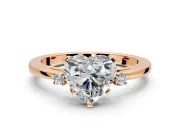 3 Stone Engagement Ring Setting for Heart-Shaped Center with Low-Set Round Cut Accents and Prong Head in Rose Gold