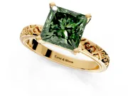Solitaire Engagement Ring Setting for Fancy Green Princess Cut Center with Scrollwork Band and Prong Head in Yellow Gold