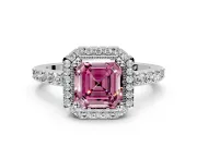 Halo Engagement Ring Setting for Fancy Pink Asscher Cut Center with Inner Milgrain Border and Prong Head in White Gold