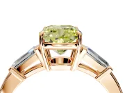 3 Stone Engagement Ring Setting for Fancy Yellow Cushion Cut Center with Baguette Accents and Prong Head in Rose Gold
