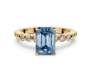 Solitaire Engagement Ring Setting for Fancy Blue Emerald Cut Center with Bezel-Dot Beaded Band and Prong Head in Yellow Gold