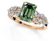 Cluster Engagement Ring Setting for Fancy Green Emerald Cut Center with 2-Row Shoulder Clusters and Prong Head in Rose Gold