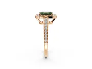 Bezel-Framed Halo Engagement Ring Setting for Fancy Green Emerald Cut Center with Pave Band and Prong Head in Rose Gold