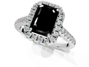Halo Engagement Ring Setting for Fancy Black Emerald Cut Center with Narrowing Pave Band and Prong Head in White Gold