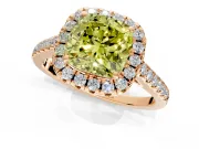 Halo Engagement Ring Setting for Fancy Yellow Cushion Cut Center with Raised Halo, Pave Band and Prong Head in Rose Gold