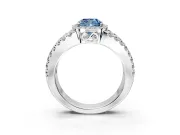 Halo Engagement Ring Setting for Fancy Blue Cushion Cut Center with Wide-Open Pave Split Shank and Prong Head in Sterling Silver