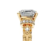 Solitaire Engagement Ring Setting for Asscher Cut Center with Filigree Band and Prong Head in Yellow Gold
