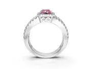 Halo Engagement Ring Setting for Fancy Pink Radiant Cut Center with Wide-Open Pave Split Shank and Prong Head in Platinum