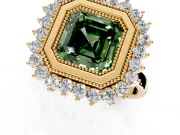 Halo Engagement Ring Setting for Fancy Green Asscher Cut Center with Milgrain Bezel Rim, Plain Band and Prong Head in Yellow Gold