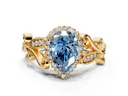 Halo Engagement Ring Setting for Fancy Blue Pear-Shaped Center with Leaf Motif Split Shank and Prong Head in Yellow Gold