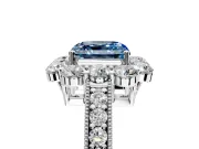 Halo Engagement Ring Setting for Fancy Blue Asscher Cut Center with Milgrain Channel Band and Prong Head in White Gold