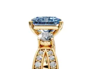 3 Stone Engagement Ring Setting for Fancy Blue Radiant Cut Center with Pave Twist Band and Prong Head in Yellow Gold