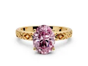 Solitaire Engagement Ring Setting for Fancy Pink Oval Center with Milgrain X Pattern Band and Prong Head in Yellow Gold