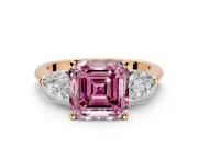 3 Stone Engagement Ring Setting for Fancy Pink Asscher Cut Center with Large Pear-Shaped Accents and Prong Head in Rose Gold
