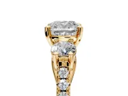 3 Stone Engagement Ring Setting for Cushion Cut Center with Crossover Basket, Pave Band and Prong Head in Yellow Gold