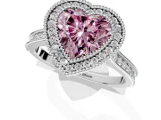 Halo Engagement Ring Setting for Fancy Pink Heart-Shaped Center with Milgrain Pave Band and Bezel Head in White Gold