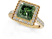 Milgrain Floral Halo Engagement Ring Setting for Fancy Green Princess Cut Center with Pave Band and Prong Head in Yellow Gold