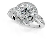 Bezel-Framed Halo Engagement Ring Setting for Round Cut Center with Pave Band and Prong Head in Sterling Silver