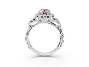 Halo Engagement Ring Setting for Fancy Pink Oval Center with Open Scroll Shoulders and Prong Head in Sterling Silver
