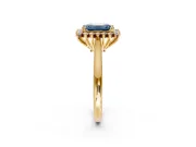 Starburst Halo Engagement Ring Setting for Fancy Blue Emerald Cut Center with Thin Round-Wire Band and Prong Head in Yellow Gold