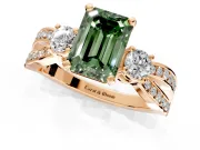 3 Stone Engagement Ring Setting for Fancy Green Emerald Cut Center with Pave Twist Band and Prong Head in Rose Gold