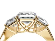 3 Stone Engagement Ring Setting for Asscher Cut Center with Raised Basket Heads and Prong Head in Yellow Gold