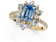 Floral Halo Engagement Ring Setting for Fancy Blue Emerald Cut Center with Pave Accents and Prong Head in Yellow Gold