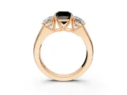 3 Stone Engagement Ring Setting for Fancy Black Cushion Cut Center with Raised Basket Heads and Prong Head in Rose Gold