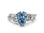 Leaf Motif Engagement Ring Setting for Fancy Blue Pear-Shaped Center with Pave Band and Prong Head in White Gold
