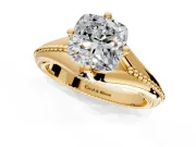 Solitaire Engagement Ring Setting for Cushion Cut Center with Milgrain Cathedral Band and Prong Head in Yellow Gold