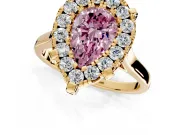 Single Halo Engagement Ring Setting for Fancy Pink Pear-Shaped Center with Corner Claws, Plain Band and Prong Head in Yellow Gold