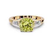 3 Stone Engagement Ring Setting for Fancy Yellow Cushion Cut Center with Baguette Accents and Prong Head in Yellow Gold
