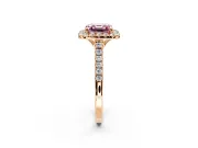 Halo Engagement Ring Setting for Fancy Pink Asscher Cut Center with Raised Halo, Pave Band and Prong Head in Rose Gold